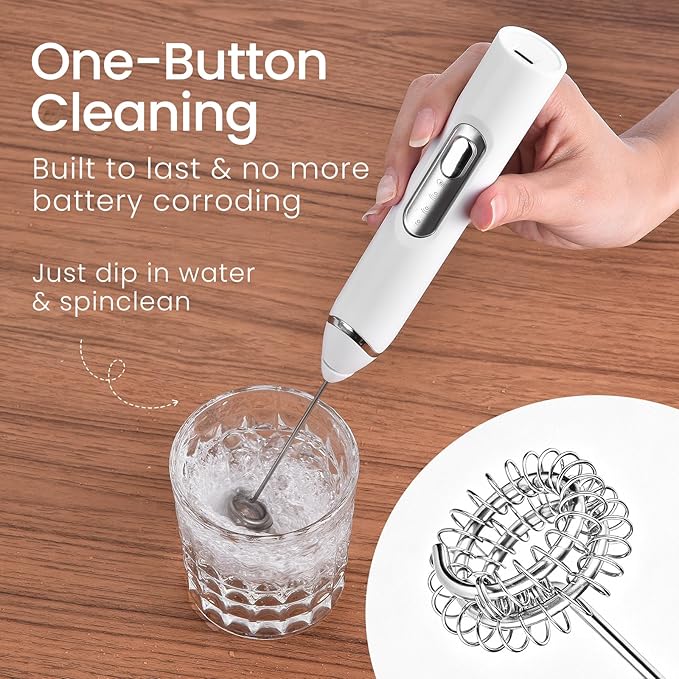 Handheld Milk Frother with Travel Case - Portable USB Rechargeable Mini Whisk for Coffee, Latte. Includes 3 whisks, storage, perfect for frothing milk, beating eggs, and blending drinks.