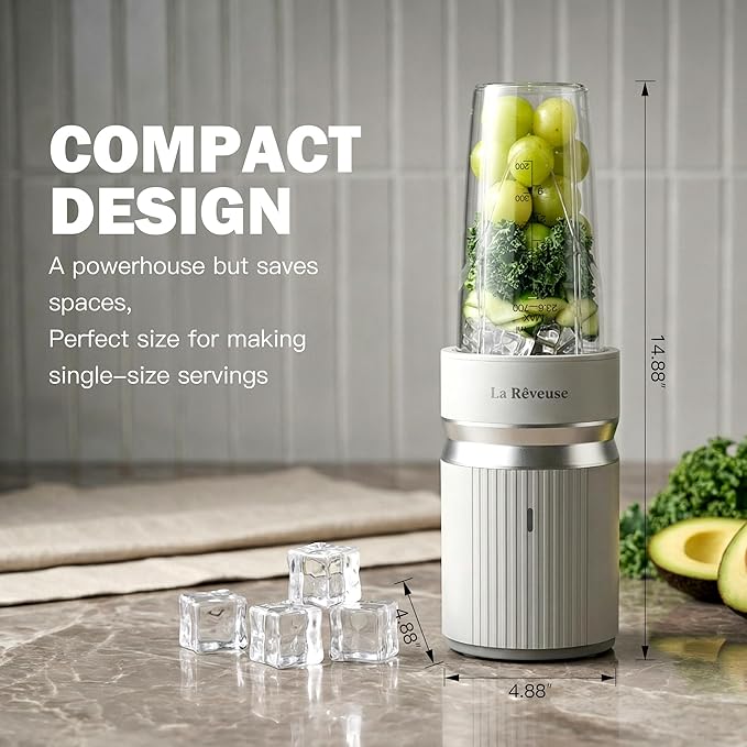 La Reveuse Smoothie Blender for Shakes,Smoothies,Frozen Blending,Salsa,Sauces,Dips,(1) 24oz Cup,(1) Spout Lid,(1) Handled Comfort Lip Ring,1000W,Cool Gray