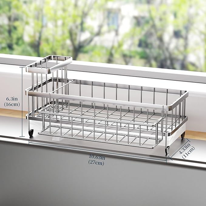 Consumest Sponge Holder for Kitchen Sink - Auto Draining Sink Caddy Organizer with Detachable Rack, High Brush Holder, Kitchen Countertop Storage Accessories, Silver-Large