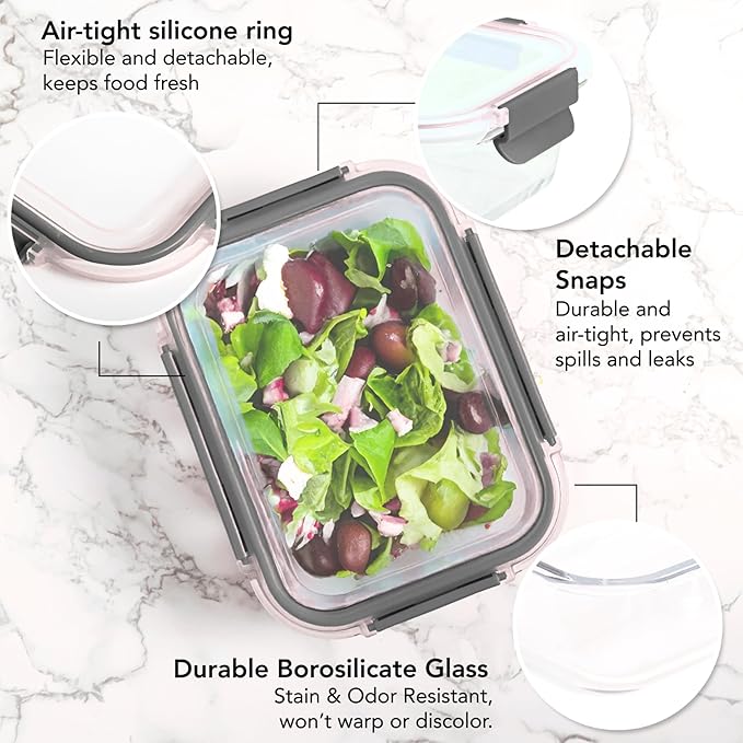 ECOBERI Glass Meal Prep Containers with Silicone Sleeves, 5 Piece 4.5 Cup Set, Borosilicate Glass Food Storage with Leak-Resistant Lids, Oven, Microwave, Freezer and Dishwasher Safe.
