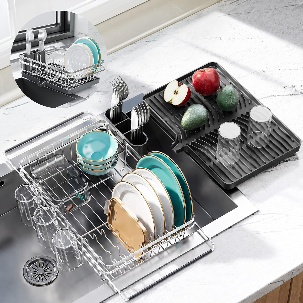 Over Sink Dish Drying Rack with Drainboard for Small Kitchen Counter