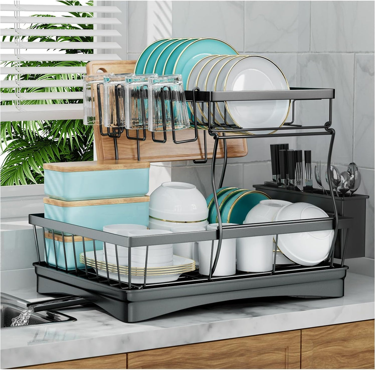 2-Tier Large Dish Drying Rack for Kitchen Counter, Black