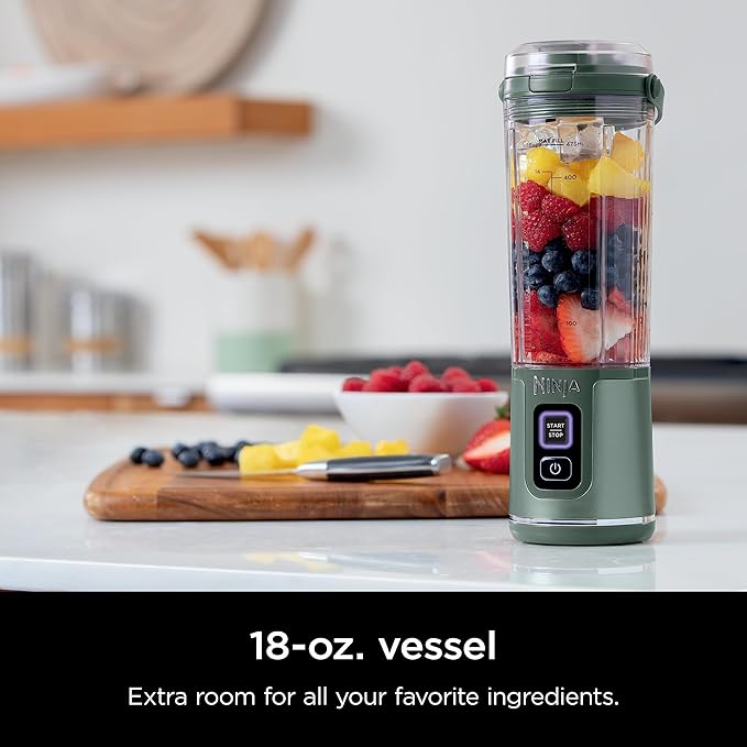 Ninja BC151EM Blast Portable Blender, Cordless, 18oz. Vessel, Personal Blender-for Shakes & Smoothies, BPA Free, Leakproof-Lid & Sip Spout, USB-C Rechargeable, Dishwasher Safe Parts, Forest Green (Renewed)