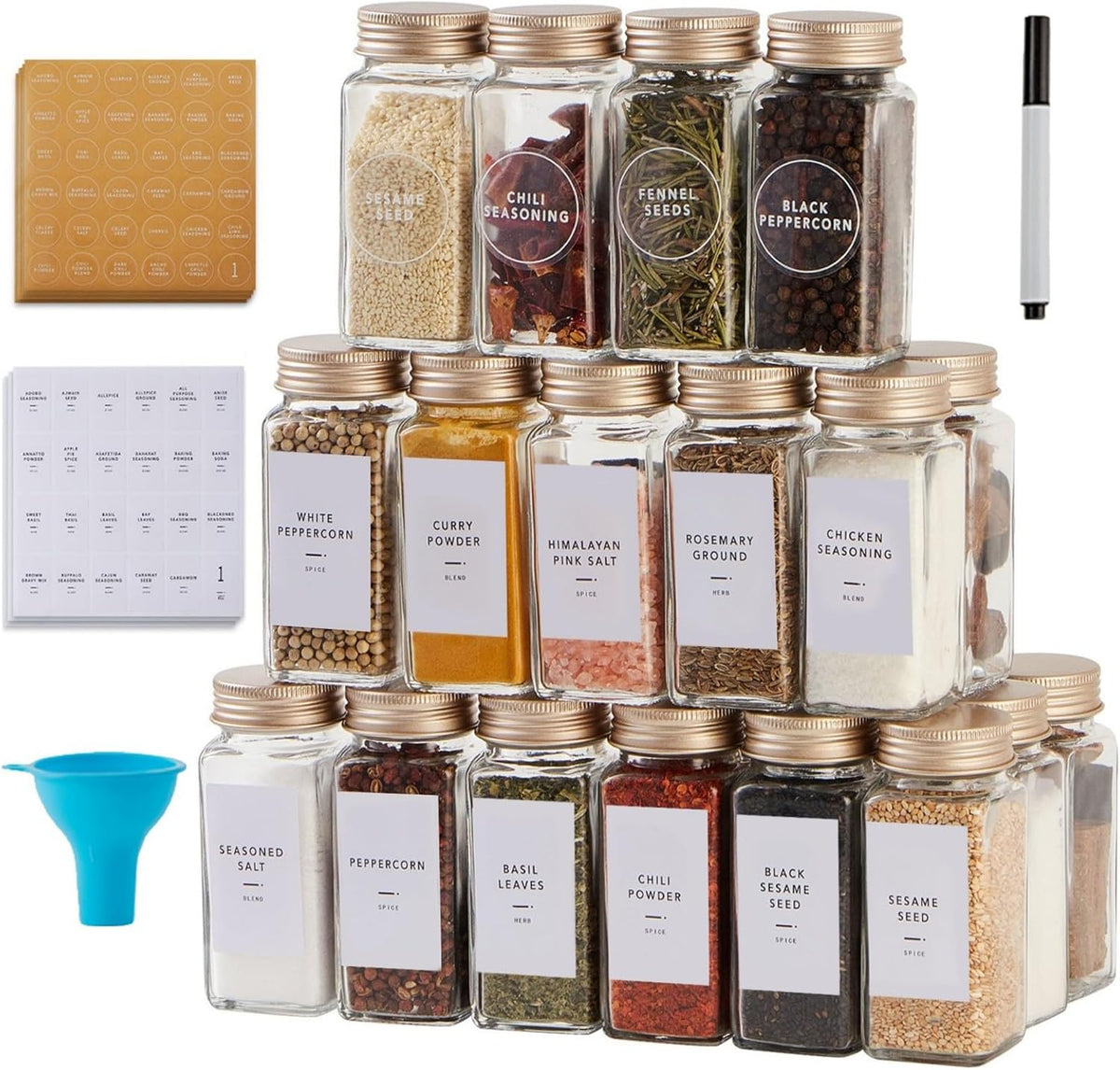 25 Pcs Spice Jars with Label- Glass Spice Jars with Gold Metal Caps