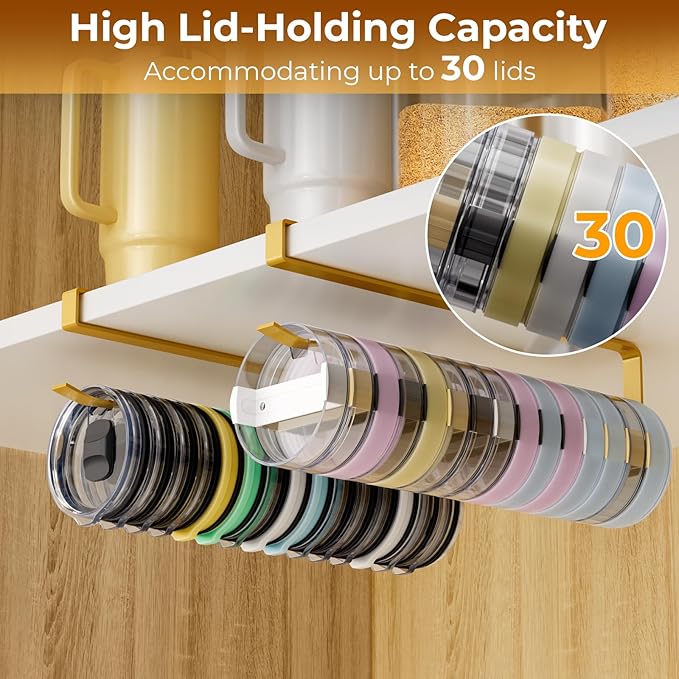 2 PCS Tumbler Lid Organizers, Ample Lid Capacity Up to 30 Lids, No Adhesive No Drill Yeti Lid Organizer Holder Inside Cabinet, Space-Saving Stanley Tumbler Cup Lid Holder Organizer for Kitchen (Gold)