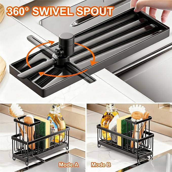 Black Sponge Holder for Kitchen Sink, Sink Caddy with Brush Holder Self-draining Sponge, Sturdy Rustproof Stainless Steel Kitchen Countertop Organizer for Soap Dispenser