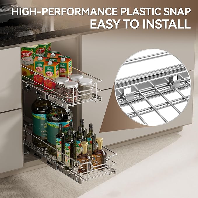 2 Tier Pull Out Cabinet Organizer 9" W X 22" D, Slide Out Drawers for Kitchen Cabinets, Pull Out Drawers for Cabinets Capacity Heavy Duty Caddy, Cabinet Pullout Shelves Chrome-Plated,Bathroom Pantry