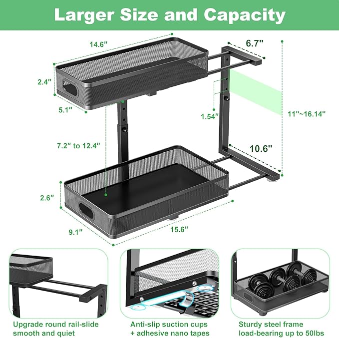 Under Sink Organizer, High Adjustable 2 Tier Under Sink Organizers and Storage, Slide out Metal Cabinet Organizers, Pull out Storage Drawer Shelf for Kitchen Bathroom Cabinet (1, Black)