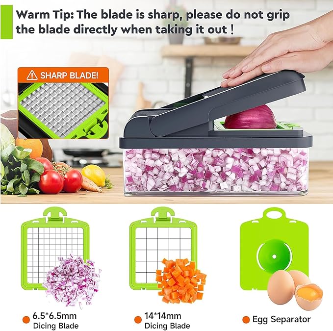 MealHelper 12-in-1 Vegetable Chopper, 7 Blade Veggie Chopper, Practical Food Chopper with Container, Cheese Grater, Home Essentials & Kitchen Gadgets(Green/Grey)