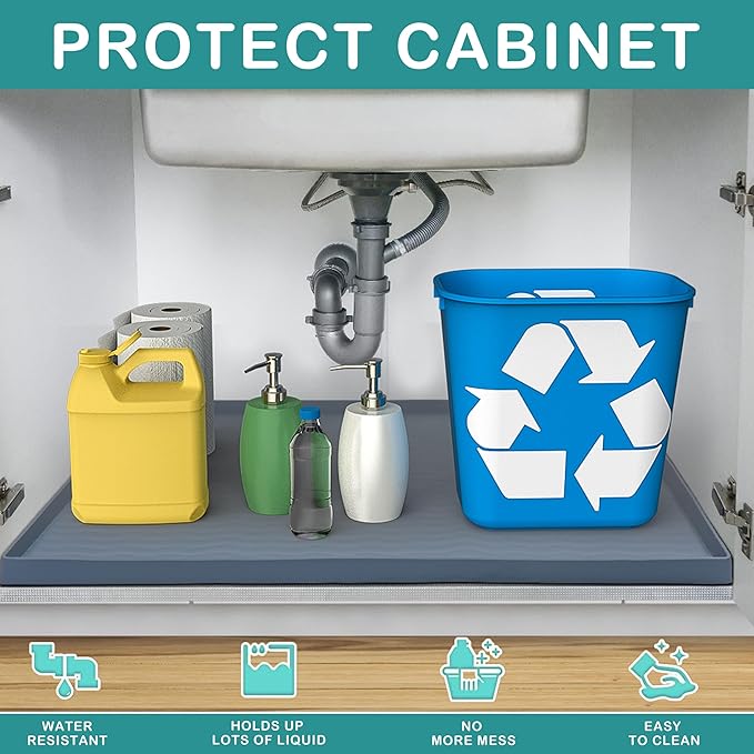 URMONA Waterproof Silicone Under Sink Mat 19'' x 12'' Shelf Liner for Kitchen and Bathroom, Cabinet and Counter Protector, Storage and Organizers, Litter Mat, Pet Cat Puppy Essentials(Brown)