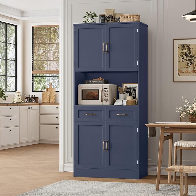 HOSTACK 71“ Tall Kitchen Pantry Storage Cabinet, Modern Kitchen Hutch Bar Cabinet with Microwave Stand, Wood Buffet Sideboard with Hutch, Cupboard with Drawers, Shelves for Dining Room, Blue
