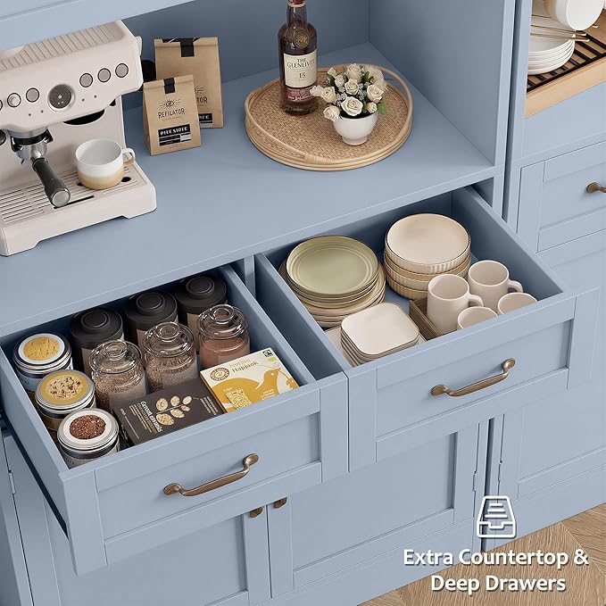 HOSTACK 71" Tall Kitchen Pantry Storage Cabinet, Modern Kitchen Hutch Bar Cabinet with Microwave Stand, Wood Buffet Sideboard with Hutch, Cupboard with Drawers, Shelves for Dining Room, Light Blue