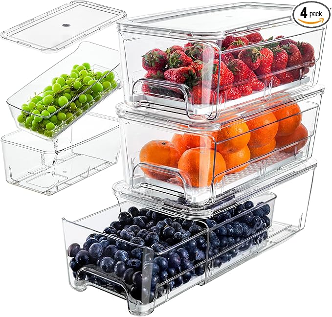 4-Pack Stackable Fruit Storage Containers for Fridge, Clear Pull-Out Drawer Organizer Bins with Lids & Drain Tray, Keep Fresh, Removable Refrigerator Container for Berry, Veggie, Drinks, Food