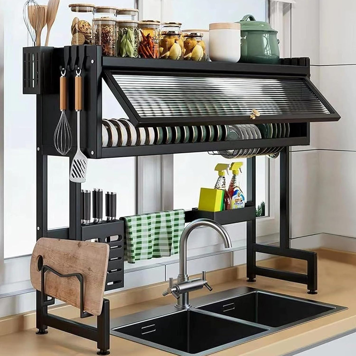 Dish Drying Rack, 3-Tier Over The Sink Dish Drying Rack, 33.5" Over Sink Dish Rack for Small Kitchen, Space-Saving Dish Rack with Cover, Baskets, Utensil, Large Sink Storage Organizer Black