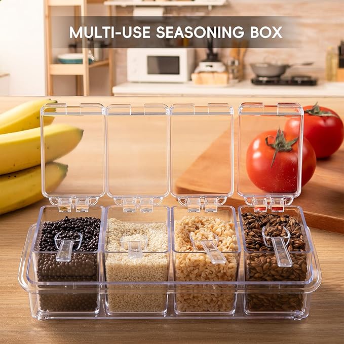 XJMWXHFC Clear Seasoning Box, 4 Pieces Seasoning Rack Spice Pots, Storage Container Condiment Jars Acrylic Seasoning Box with Covers and Spoons for Spice, Sugar, Salt, Sugar, Cardamon, Cinnamon