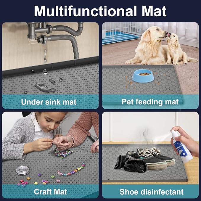 Under Sink Mat - 37" x 22" Waterproof Kitchen Cabinet Mat - Flexible Silicone Under Sink Liner - Kitchen Bathroom Cabinet Mat and Protector for Drips Leaks Spills (Gray)
