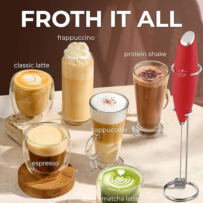 Zulay Kitchen Powerful Milk Frother Wand With Duracell Batteries - Ultra Fast Handheld Drink Mixer - Electric Whisk Foam Maker for Coffee, Lattes, Cappuccino & Matcha - Triple Whisk - Maroon Red