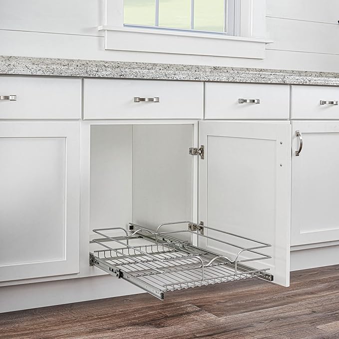 Rev-A-Shelf Steel Wire Pullout Drawer Organizer Shelf for Kitchen Cabinets, Slide Out Storage Basket, Min Opening Width of 14.5", 15" x 22", 5WB1-1522CR-1