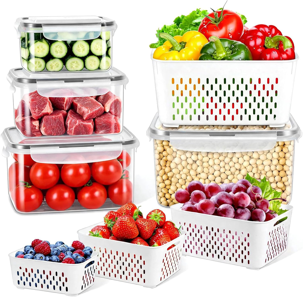 8 Pieces Fruit Storage Containers for Fridge with Lids and Strainer
