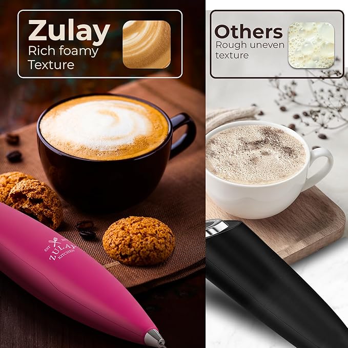 Zulay Kitchen Powerful Milk Frother Wand With Duracell Batteries - Ultra Fast Handheld Drink Mixer - Electric Whisk Foam Maker for Coffee, Lattes, Cappuccino & Matcha - Triple Whisk - Magenta Gold