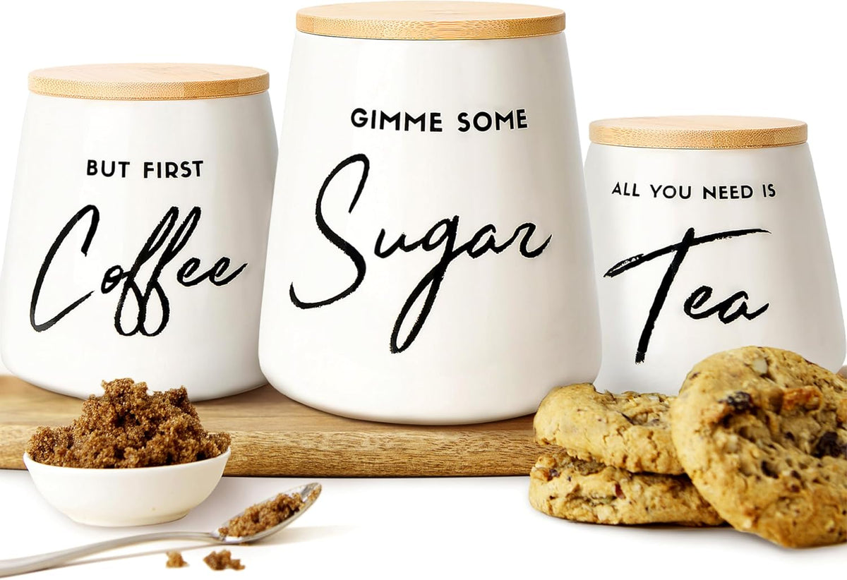 Modern Coffee Tea Sugar Container Set, 3 Ceramic Storage Jars, Off-White