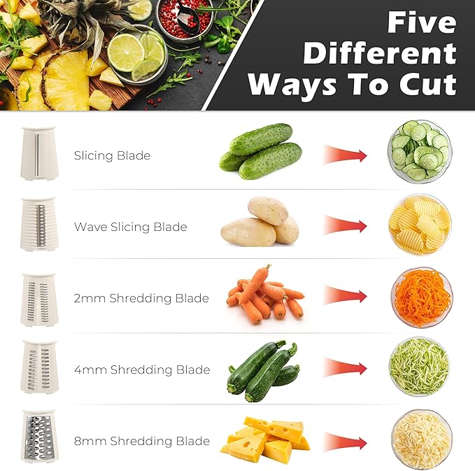 Rotary Cheese Grater Manual Hand Crank with 5 Blades & Suction Base, Kitchen Vegetable Shredder Slicer for Veggie, Nuts, Fruit, Cream
