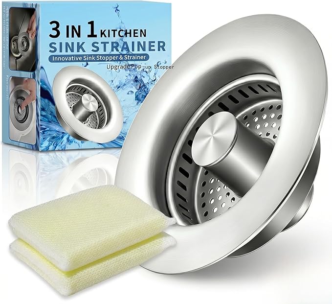 3-in-1 Kitchen Sink Drain Strainer and All-Purpose Sponges, Sink Stopper Pop-Up Drain Plug with Anti-Clogging Food Catcher Basket, Odor Blocker, Fits US Standard 3-1/2 Inch Sinks,Dish Sponges Safe