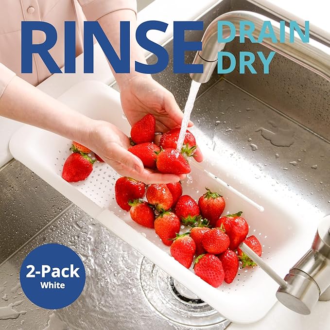 BLUE GINKGO Over the Sink Colander Strainer Basket - Wash Vegetables and Fruits, Drain Cooked Pasta and Dry Dishes - Extendable - New Home Kitchen Essentials (White, 2 Pack)
