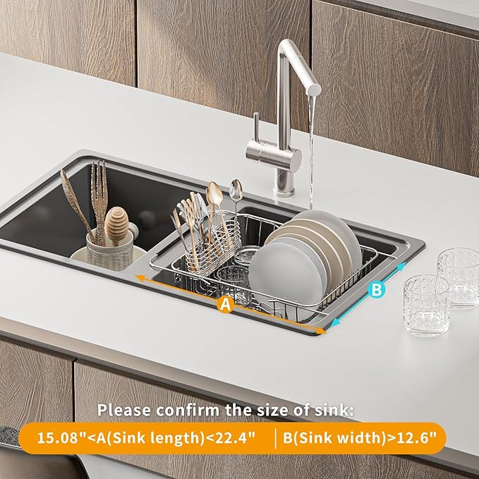 JAQ Over Sink Dish Drying Rack for Medium to Large Sink, Expandable 15.08"–22.4", Adjustable 304 Stainless Steel Dish Drainer with Utensil Holder, Large Capacity Holds Up to 13 Plates