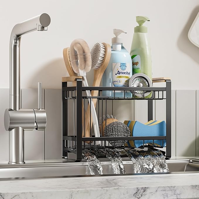 Sink Caddy Organizer with Wooden Handle, 2-Tier Rustproof Metal Sink Organizer Non-Slip Suction Cups, Multi-Functional Storage for Sponge, Soap Dispenser, Kitchen and Bathroom Countertop Accessories