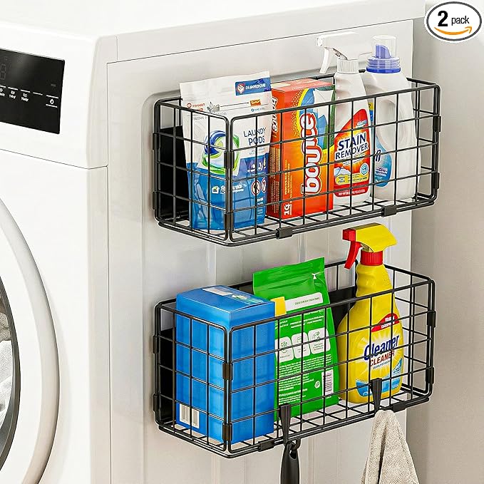 2 Pack Magnetic Basket for Laundry Room & Fridge Side, Large Metal Fruit Potato Onion Storage Bin with Strong Magnets & Hooks, Magnetic Organizer Shelf for Refrigerator