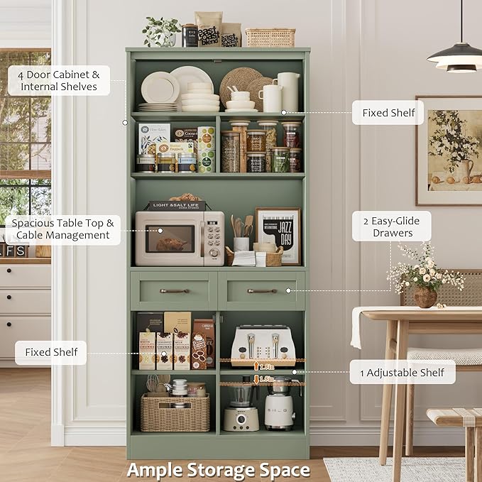 HOSTACK 71“ Tall Kitchen Pantry Storage Cabinet, Modern Kitchen Hutch Bar Cabinet with Microwave Stand, Wood Buffet Sideboard with Hutch, Cupboard with Drawers, Shelves for Dining Room, Green