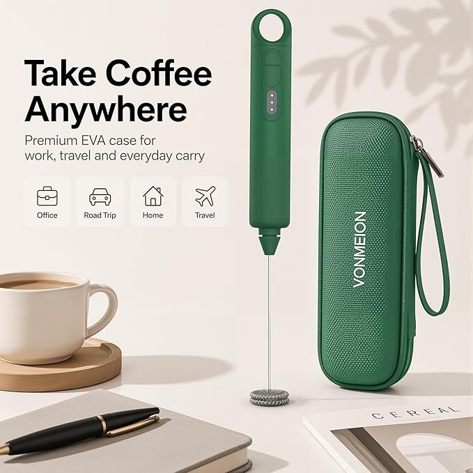 Rechargeable Milk Frother Handheld 3 Speed Coffee Foamer [3 Whisk] Electric Drink Mixer for Latte, Cappuccino, Coffee, Eggs, Hot Chocolate,Grass Green