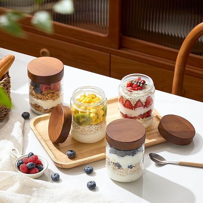 Danmu 16 oz Overnight Oats Containers with Lids,Salad Jar,Glass Jar with Wooden Lid 6 Pack,Mason Jars 16 oz with Lids for Snack,Overnight Oats,Meal Prep,Yogurt,Parfait,Soup,Salad 100% Leak-proof