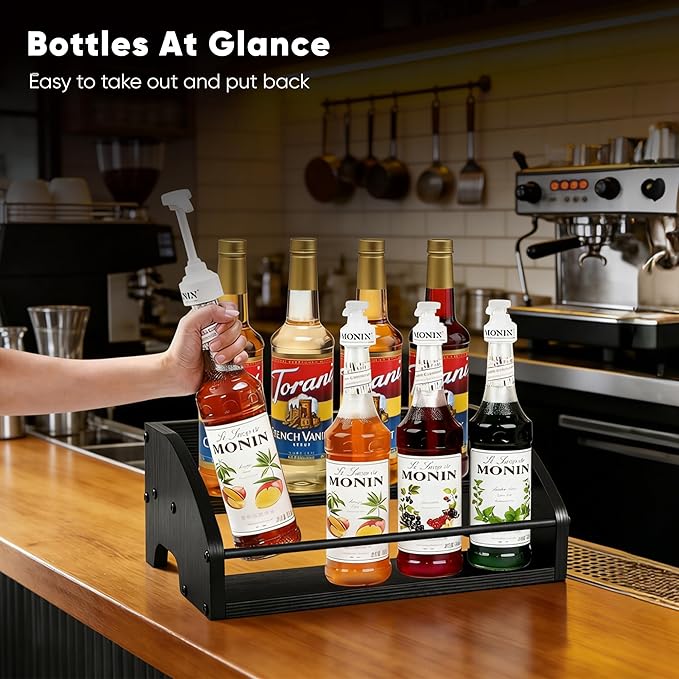 Mini Coffee Syrup Rack – Syrup Bottles Holder for Coffee Bar, Liquor Bottle Display Shelf - Rustic Kitchen Cabinet, Wooden Countertop Organizer for Spirits, Tea, or Coffee (2-Tier)