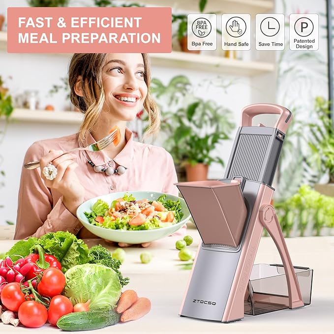 [All in 1] Upgraded Version Safe Mandoline Slicer for Kitchen, Adjustable Thickness. Veggie Slicer, Rapid Prep Mandoline, Detachable Blade, Cleaning Brush/Paring Knife (GrayPink)