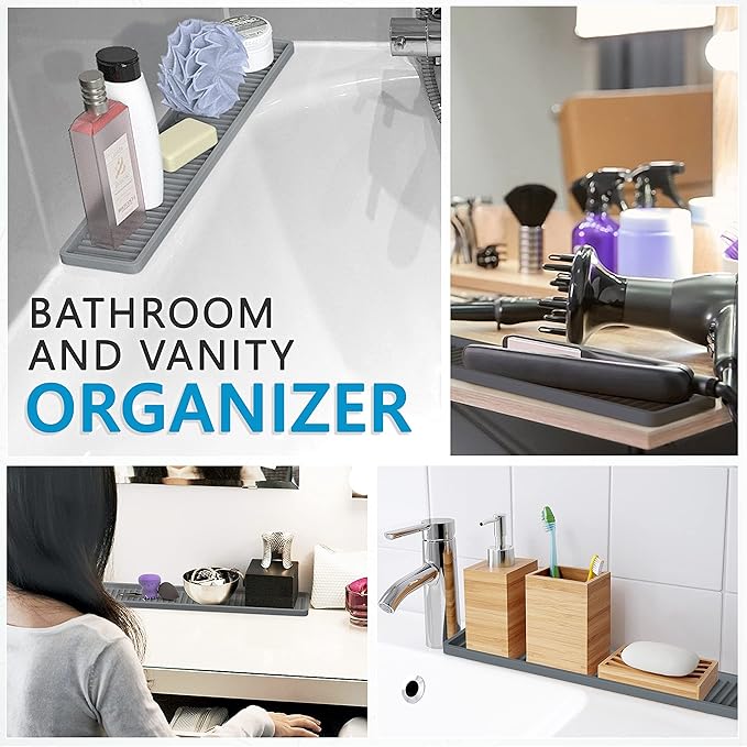 ZAPPOWARE Silicone Kitchen Sink Caddy Sponge Holder 11"x 4.33", Gray - Bathroom Vanity Tray Organizer, Kitchen Soap Tray for Dish Scrubber, Soap Dispenser and Sponge
