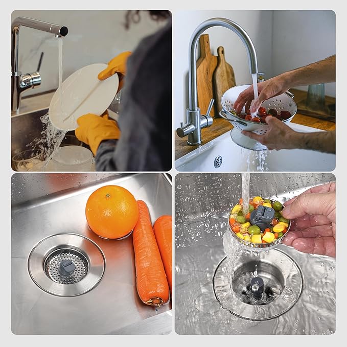 Hibbent 3 in 1 Kitchen Sink Drain Strainer, Stainless Steel Drain Stopper Combo, Pop Up Sink Stopper, Anti-Clogging Metal Basket Strainer with Handle for US Standard 3-1/2" Drain