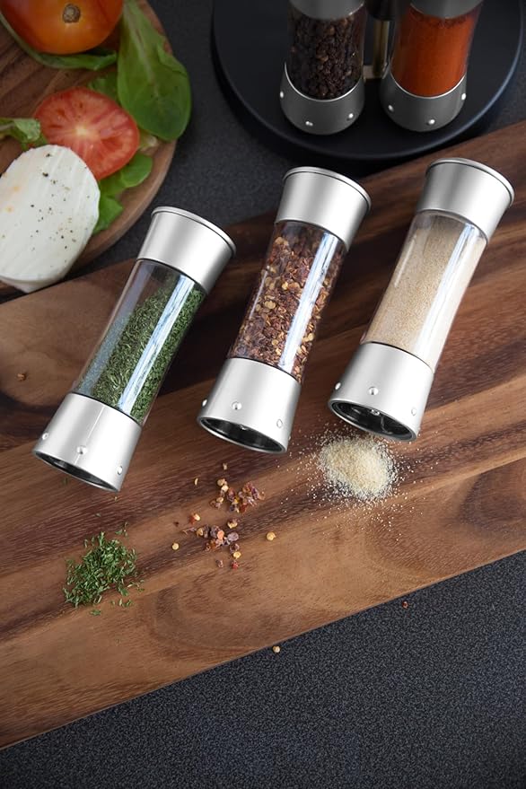 KitchenArt Spice Rack, Elite Auto-Measure Plastic Spice Carousel, 8 Spice Jars, Silver
