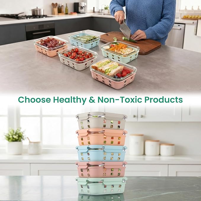 GENICOOK Glass Meal Prep Containers 5 Pack, 4.4 Cup Airtight Leakproof Lids, Borosilicate Glass Food Storage Containers, Microwave Oven Freezer Safe, BPA Free Lunch Containers