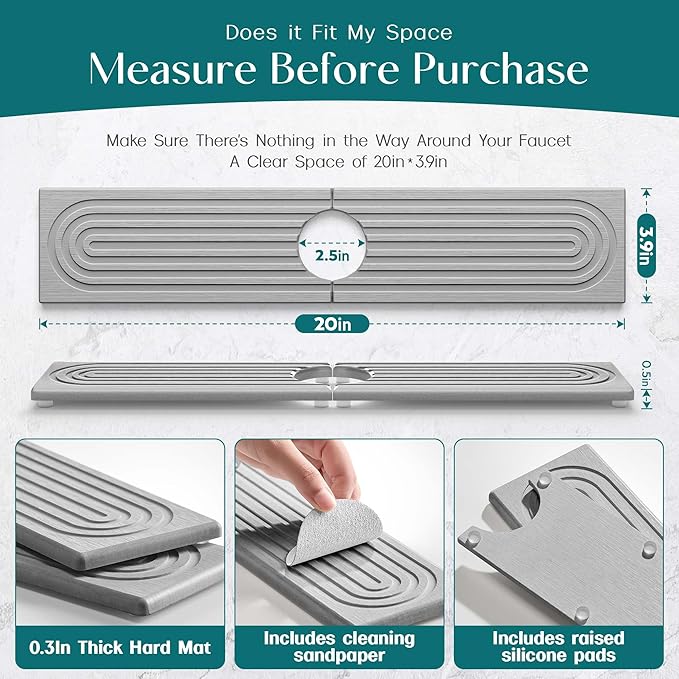 eormoe Faucet Mat for Kitchen Sink - Diatomaceous Earth Faucet Splash Guard, Fast Drying Sink Protector - Water Absorbing Stone for Bathroom Sink (Grey, 19.5'' x 3.9'')