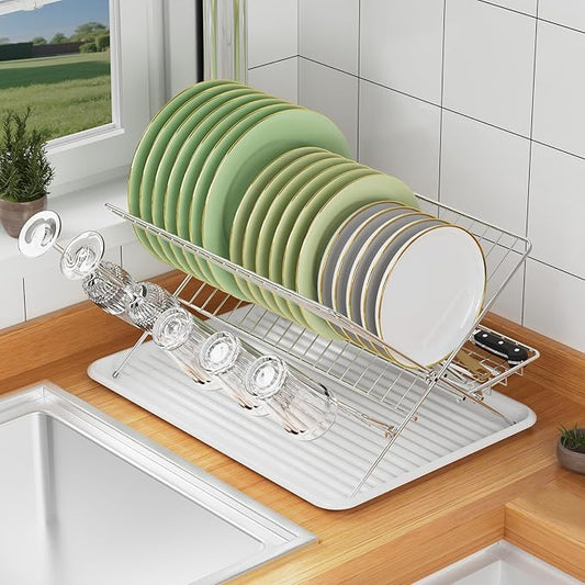 Dish Rack with Drip Tray, Stainless Steel 3-Tier Collapsible Drainer Dish Drying Rack for Kitchen Counter, Sink, Countertop,Cutlery