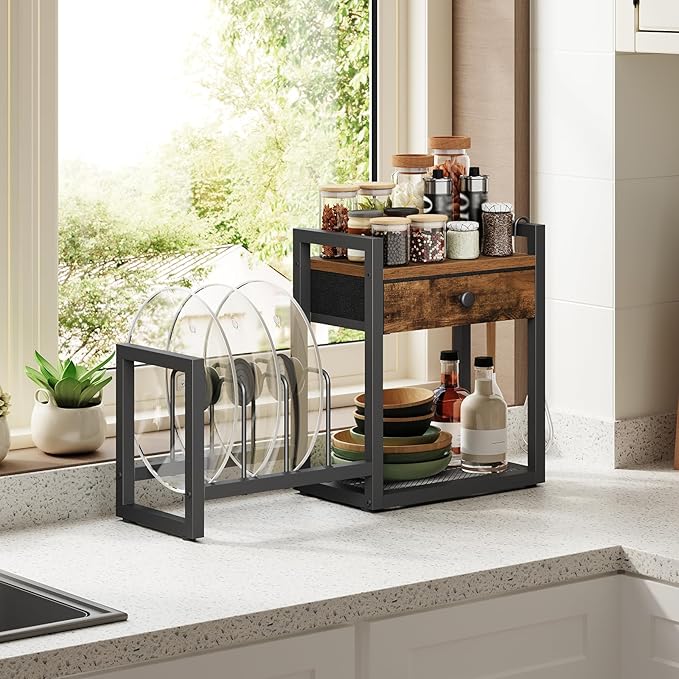 MAHANCRIS Countertop Shelf Organizer, Pots and Pans Organizer Rack, Pot Lid Holder with 1 Drawer, Pot Lid Organizer Holder with 2 Hooks, for Kitchen, Dining Room, Rustic Brown POHR2201