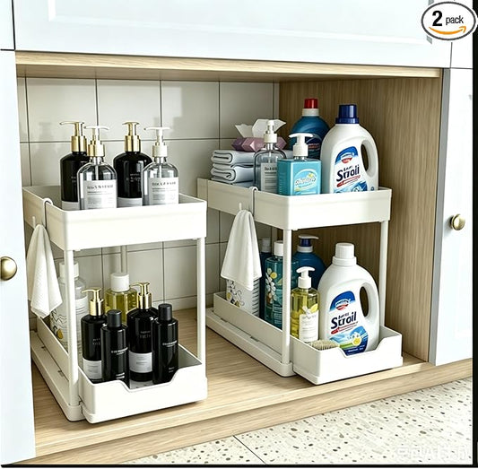 Cabinet, 2 Pack Under Sink Organizer, 2 Tier Sliding Bathroom Kitchen Organizer