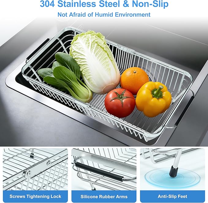 Dish Drying Rack Over The Sink, Stainless Steel Dish Racks for Kitchen Counter, Expandable Drainer for Kitchen Sink Organizer, 2-in-1 Extend Drain Basket and Plates Holder for Utensil Storage
