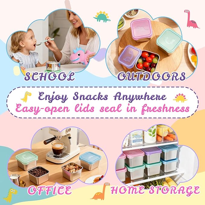 Tanjiae 6-Pack Small (6 oz) Stainless Steel Snack Containers for Kids, Easy-Open Toddler Snack Containers with Lids - Cute Dinosaur Small Stackable Metal Lunch Box for Daycare, School, Travel
