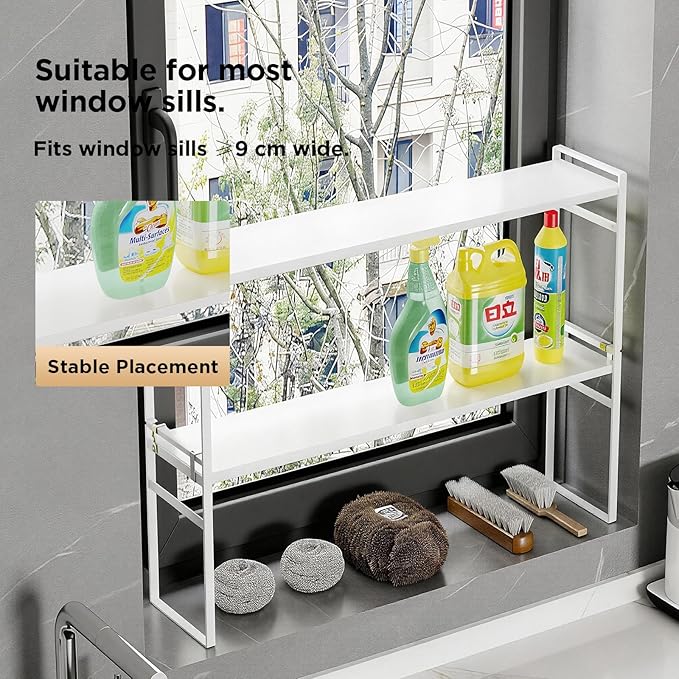 2 Tier Expandable Stackable Narrow Shelf Organizer, Tall Countertop Organizer for Tight Spaces, Windowsill Plant Stand, Over-Sink/Faucet Shelf, Kitchen Storage, Bathroom Vanity, Laundry Room (White)