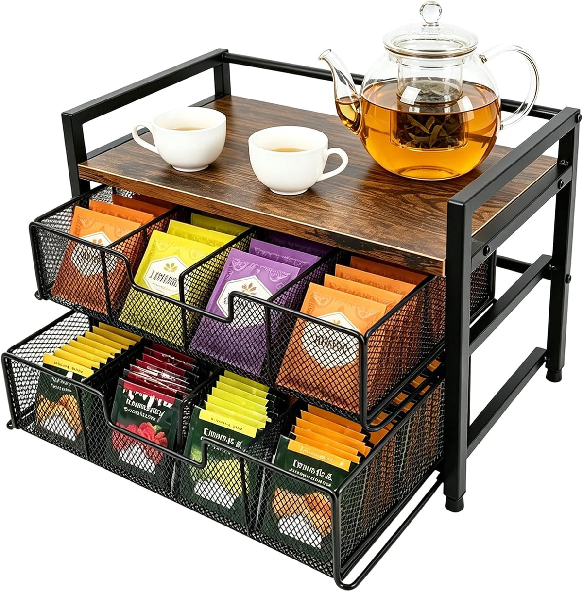 Double Drawer Tea Bag Organizer, 16-Compartment Wooden Tea Box
