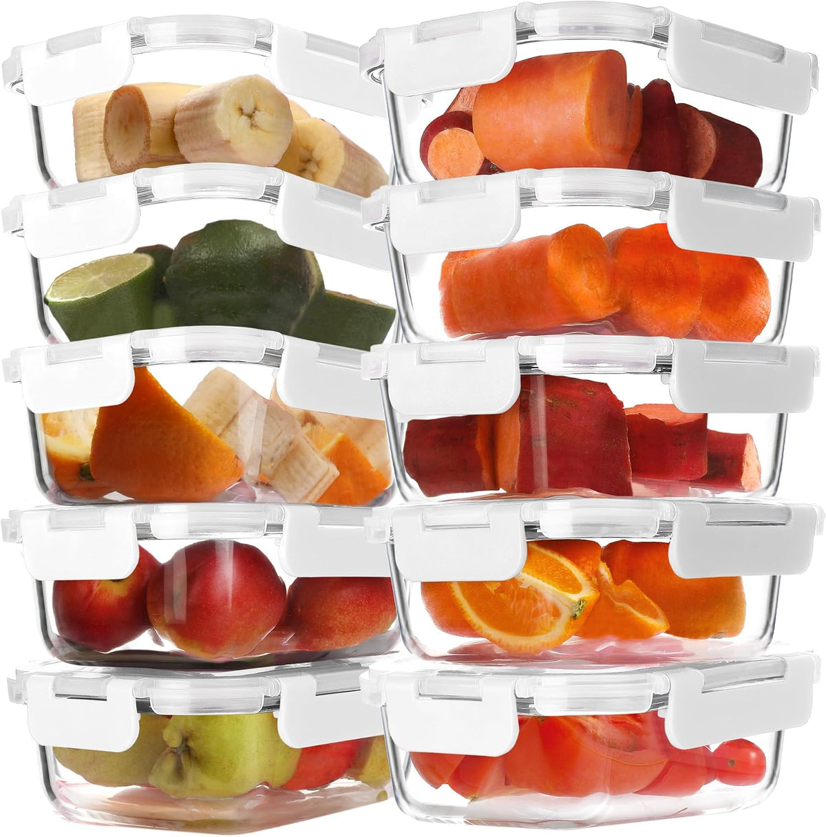 10 Pack 22 oz Glass Meal Prep Containers, Glass Food Storage Containers with Airtight Lids, BPA-Free, Freezer and Microwave Safe, White