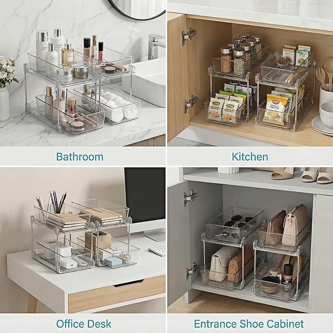 2 Pack Bathroom Organizers and Storage,2-Tier Clear Under Sink and Pull-Out Cabinet Organizer with Track for Kitchen, Pantry,Vanity Countertop,Medicine Cabinet,Closet Drawers Bins